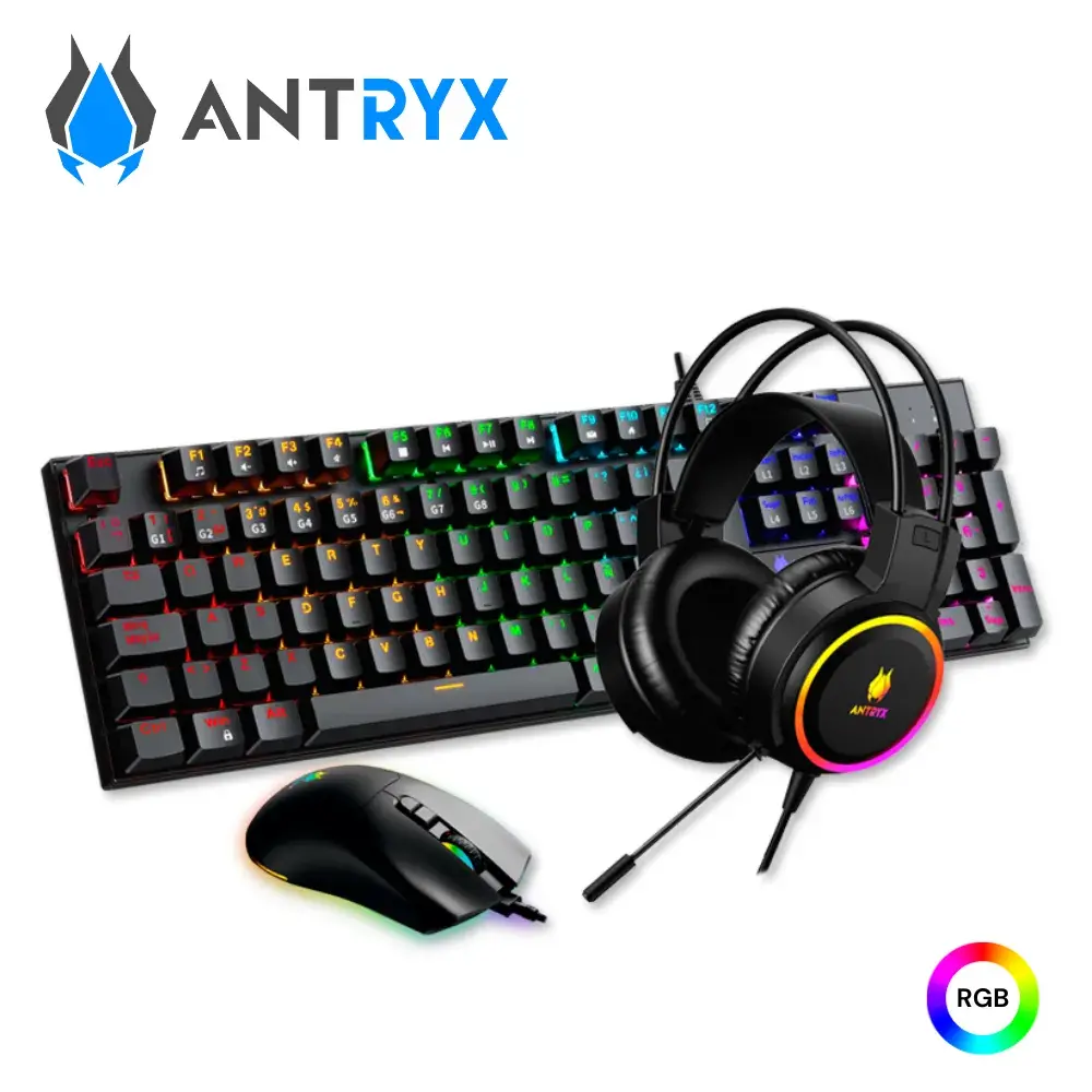 1-3-11.webp Kit gamer Antryx audifono, teclado y mouse GC 3100 X3, switch azul, RGB, alambrico, color negro - Imagen 1