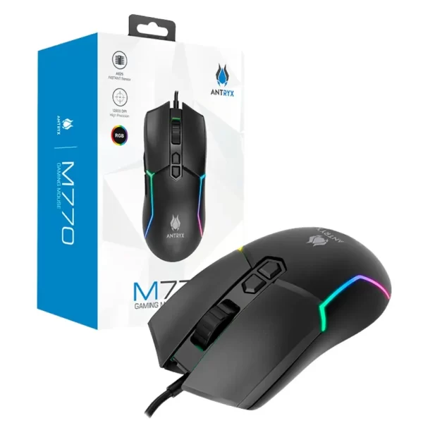mouse gamer antryx m770, dpi 12800, 7 botones, luces rgb, usb, color negro
