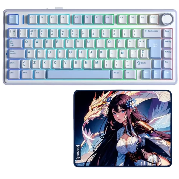 teclado aula f75 rgb inalambrico white cyan switch reaper y mouse pad redragon ak1s