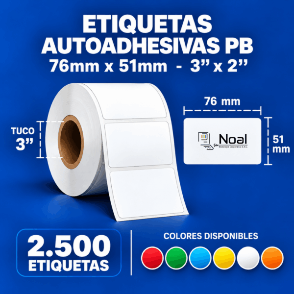 etiquetas adhesivas de polipropileno pb – 76 x 51 mm (3" x 2") – 2,500 unidades – 1 columna – tuco de 3"